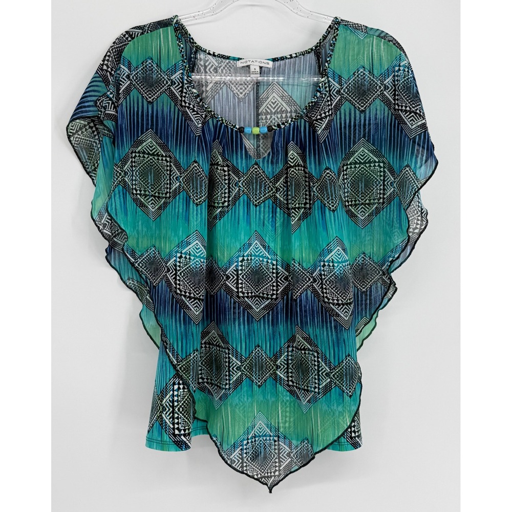 Notations Teal Blue Geometric Tribal Beaded Keyhole Flutter Sleeve Top MPCF0174